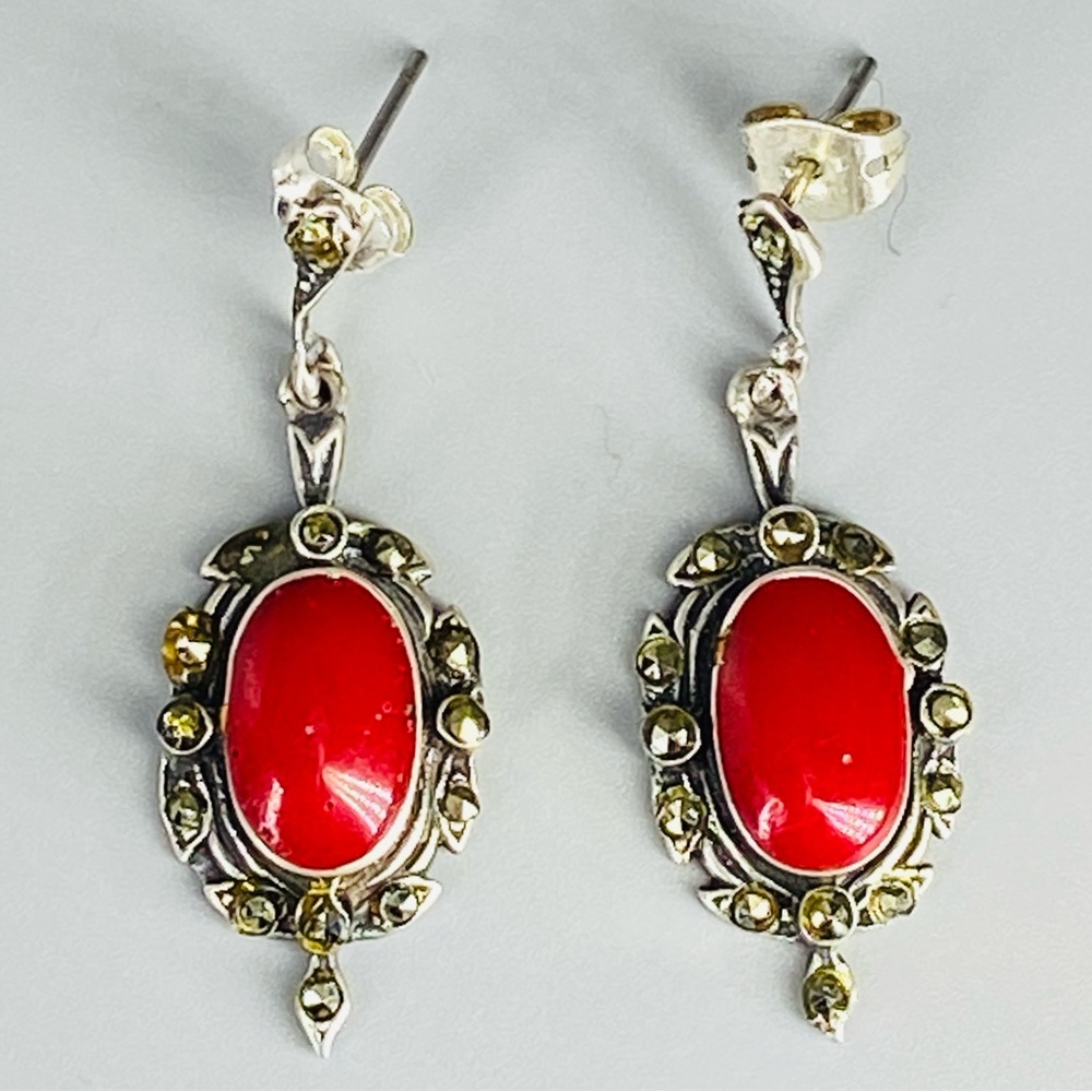 Vintage Sterling Silver Coral Red Cabochon & Marcasite Stones Earrings 1980s - Picture 11 of 16